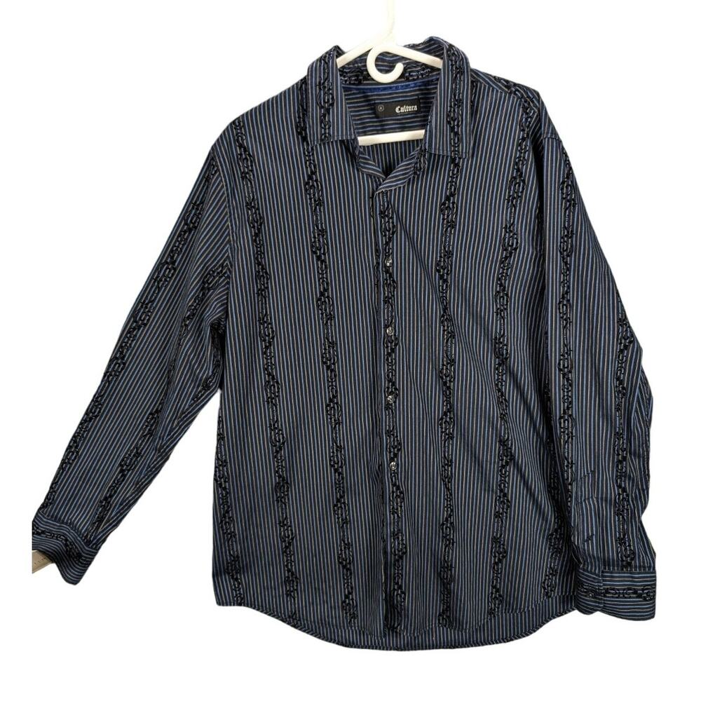 Cultura Shirt Mens XXL Button Up Blue Stripe Velvet floral long sleeve Office